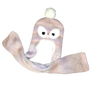 Adorable Pink Owl Knit Hat and Scarf 2 - in - 1 for Kids